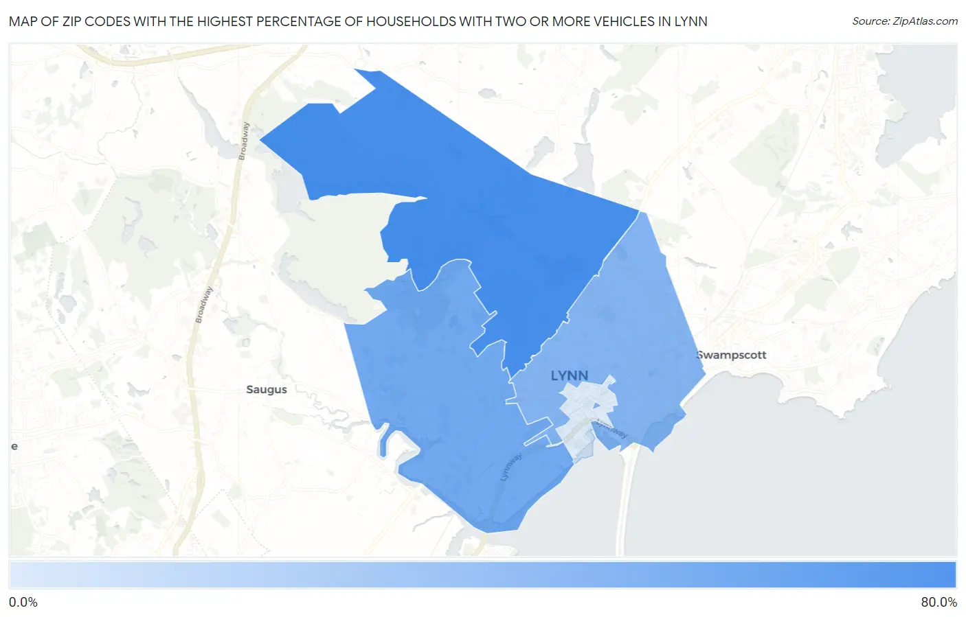 Zip Codes with the Highest Percentage of Households With Two or more Vehicles in Lynn Map