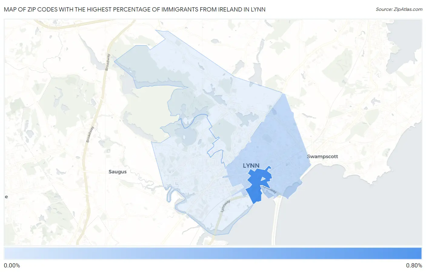 Zip Codes with the Highest Percentage of Immigrants from Ireland in Lynn Map