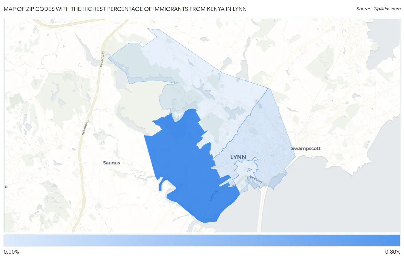 Zip Codes with the Highest Percentage of Immigrants from Kenya in Lynn Map