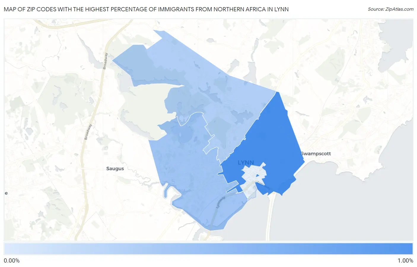 Zip Codes with the Highest Percentage of Immigrants from Northern Africa in Lynn Map