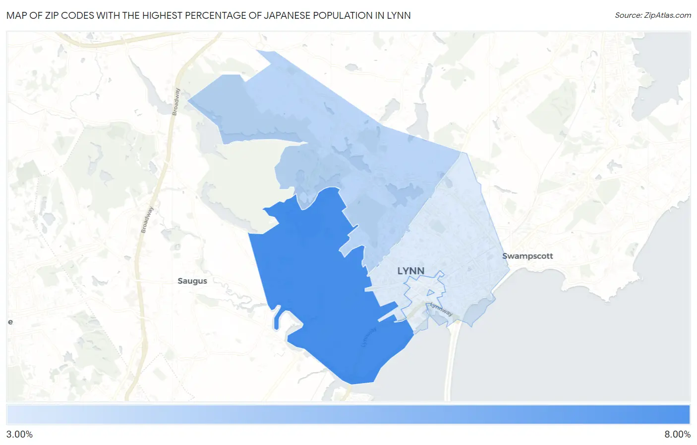 Zip Codes with the Highest Percentage of Japanese Population in Lynn Map