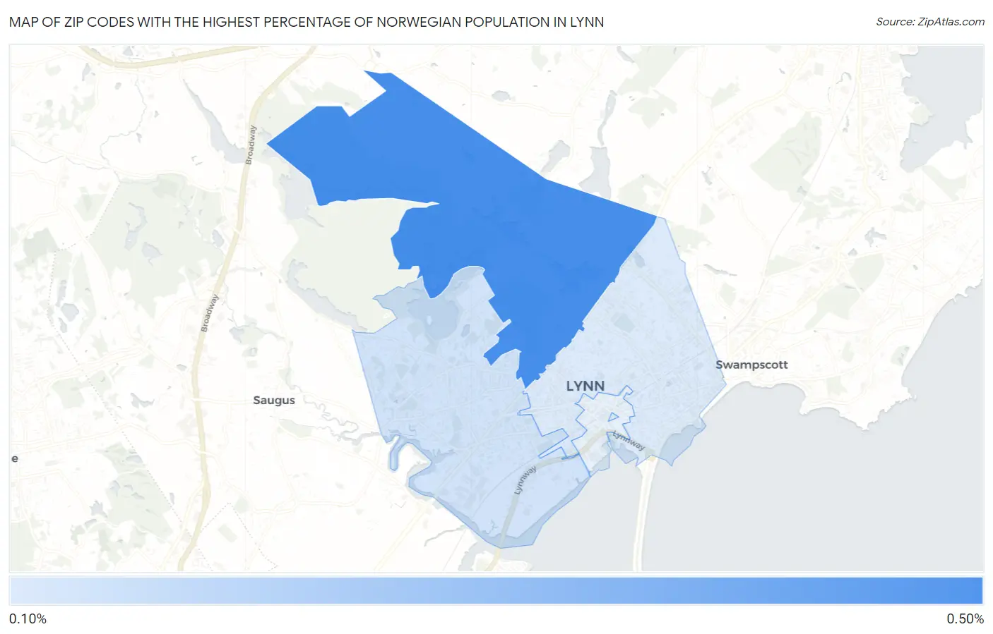 Zip Codes with the Highest Percentage of Norwegian Population in Lynn Map