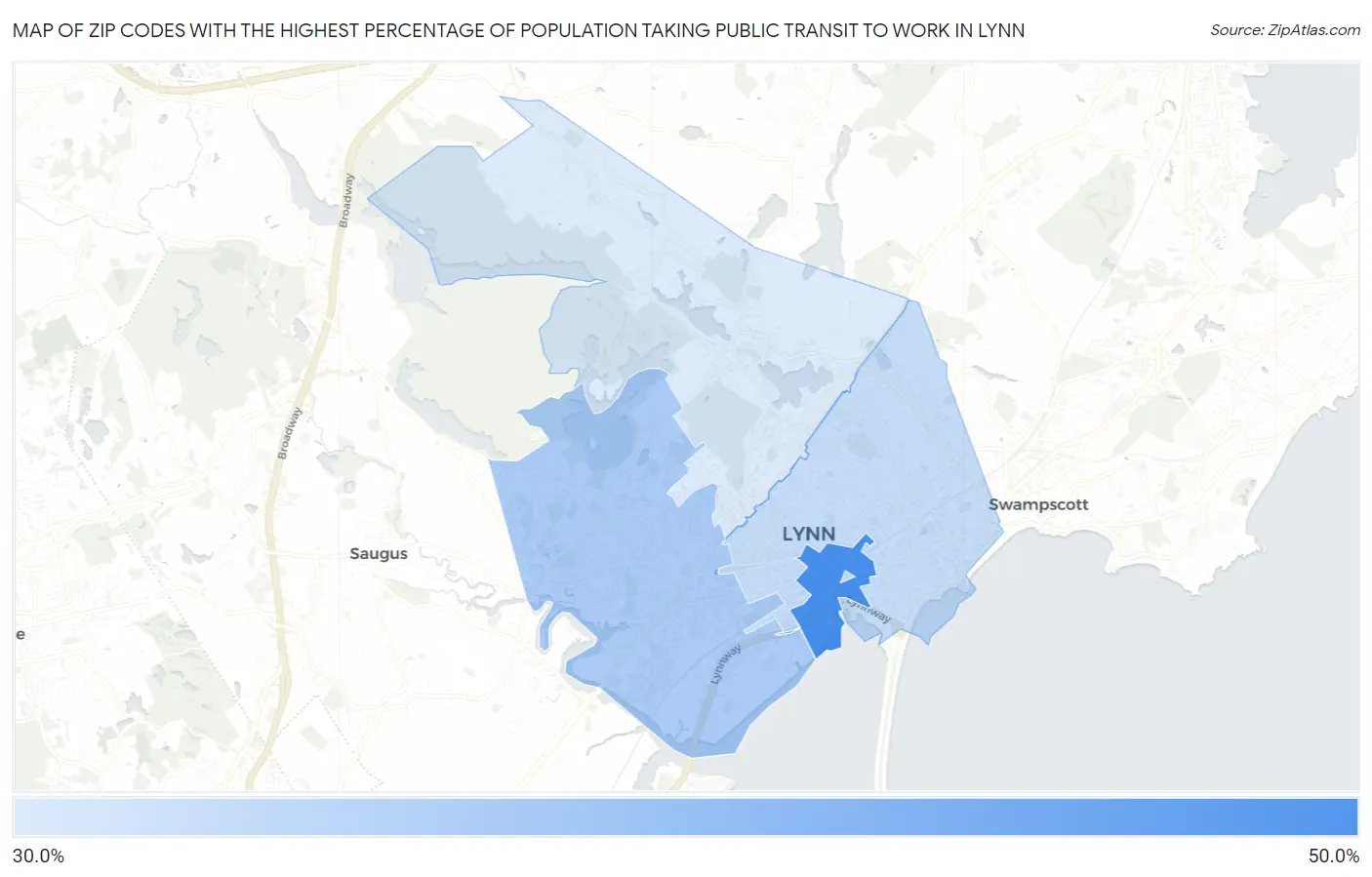 Zip Codes with the Highest Percentage of Population Taking Public Transit to Work in Lynn Map