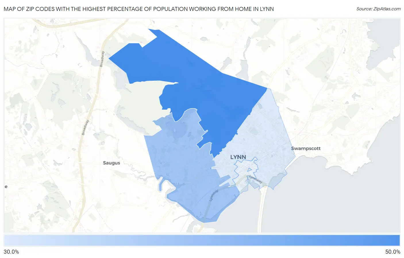 Zip Codes with the Highest Percentage of Population Working from Home in Lynn Map