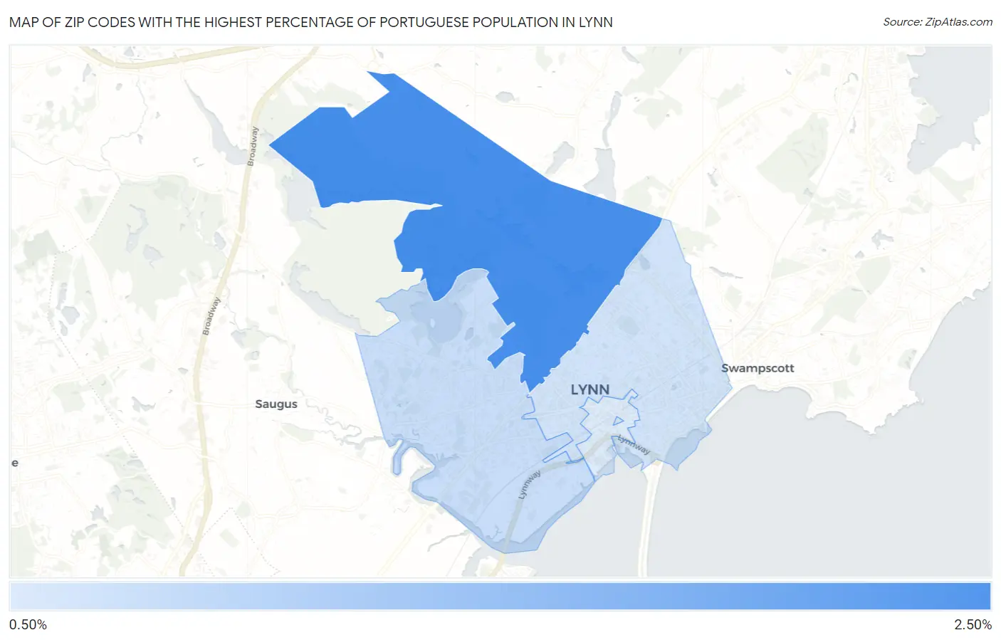 Zip Codes with the Highest Percentage of Portuguese Population in Lynn Map