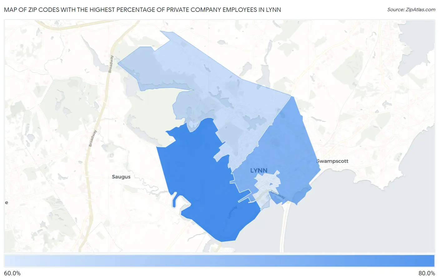 Zip Codes with the Highest Percentage of Private Company Employees in Lynn Map