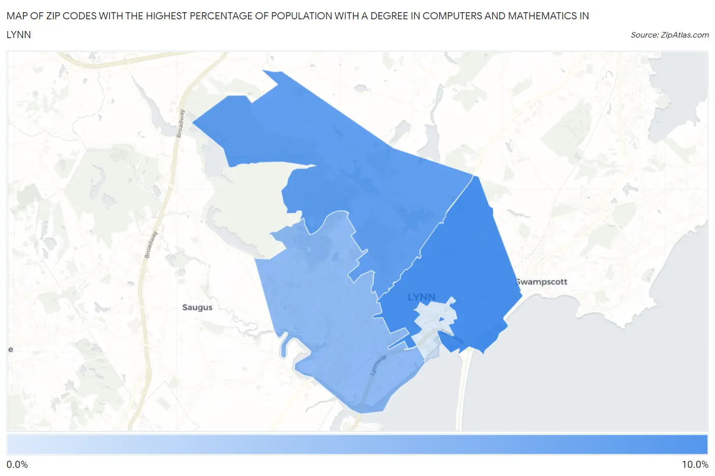 Zip Codes with the Highest Percentage of Population with a Degree in Computers and Mathematics in Lynn Map