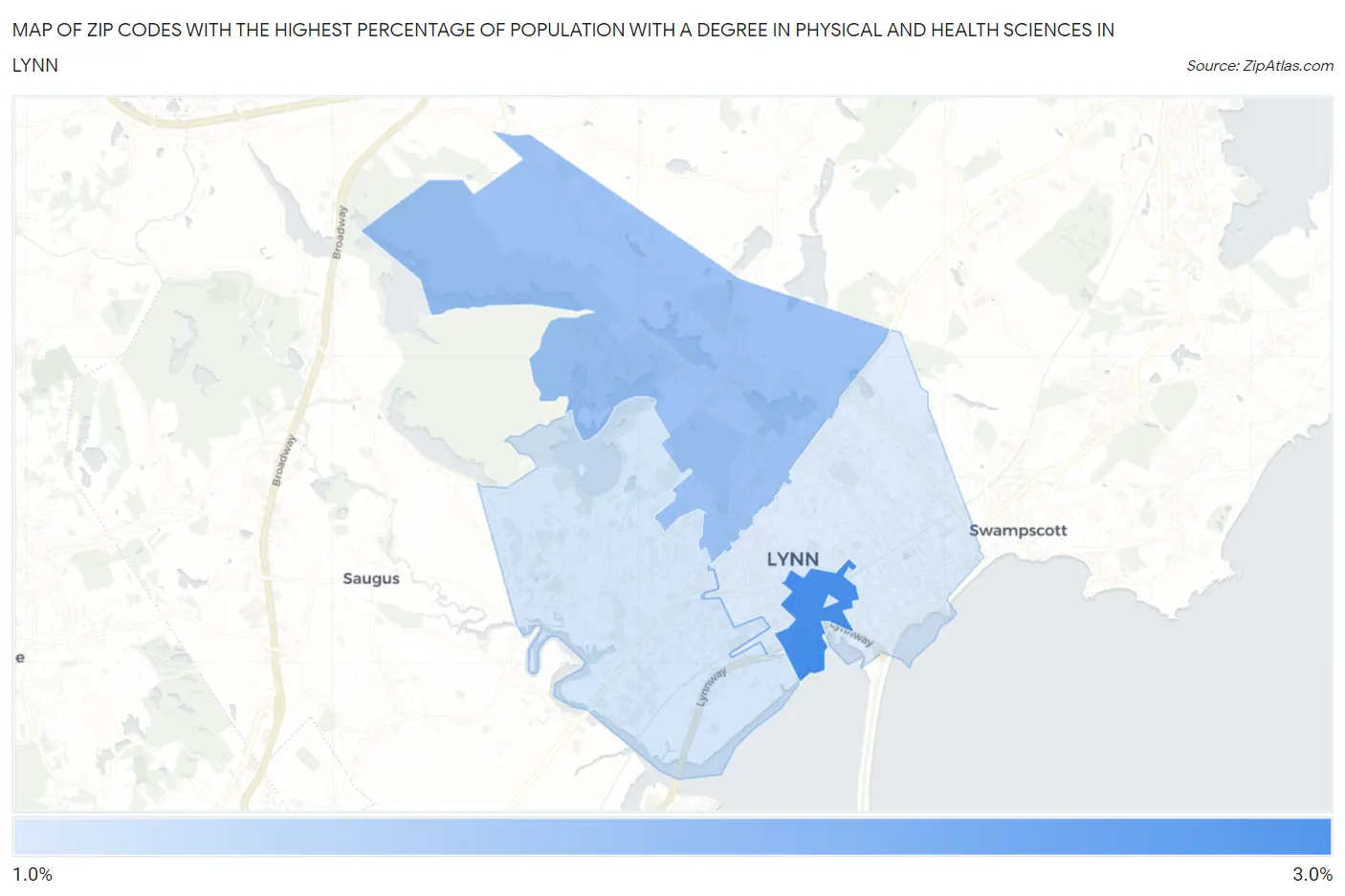Zip Codes with the Highest Percentage of Population with a Degree in Physical and Health Sciences in Lynn Map
