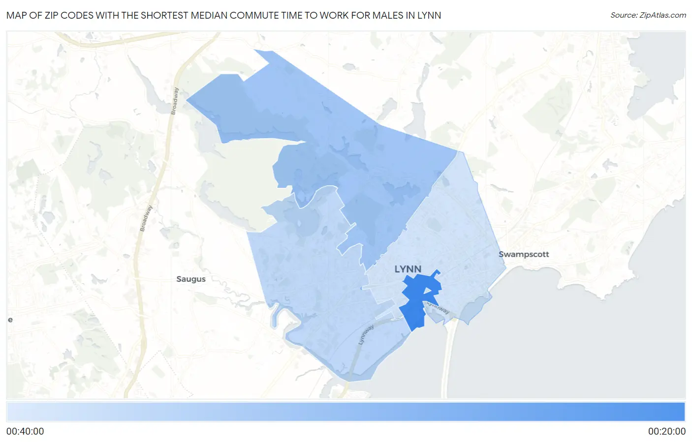 Zip Codes with the Shortest Median Commute Time to Work for Males in Lynn Map