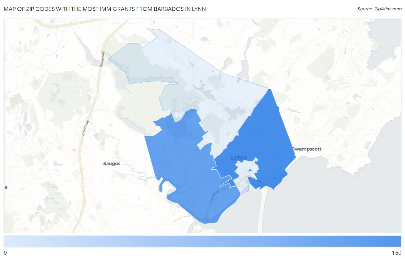 Zip Codes with the Most Immigrants from Barbados in Lynn Map