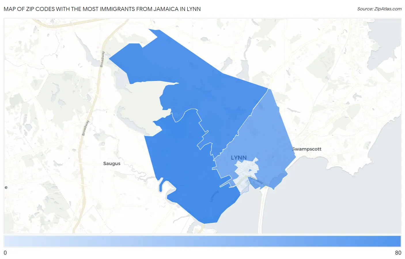 Zip Codes with the Most Immigrants from Jamaica in Lynn Map