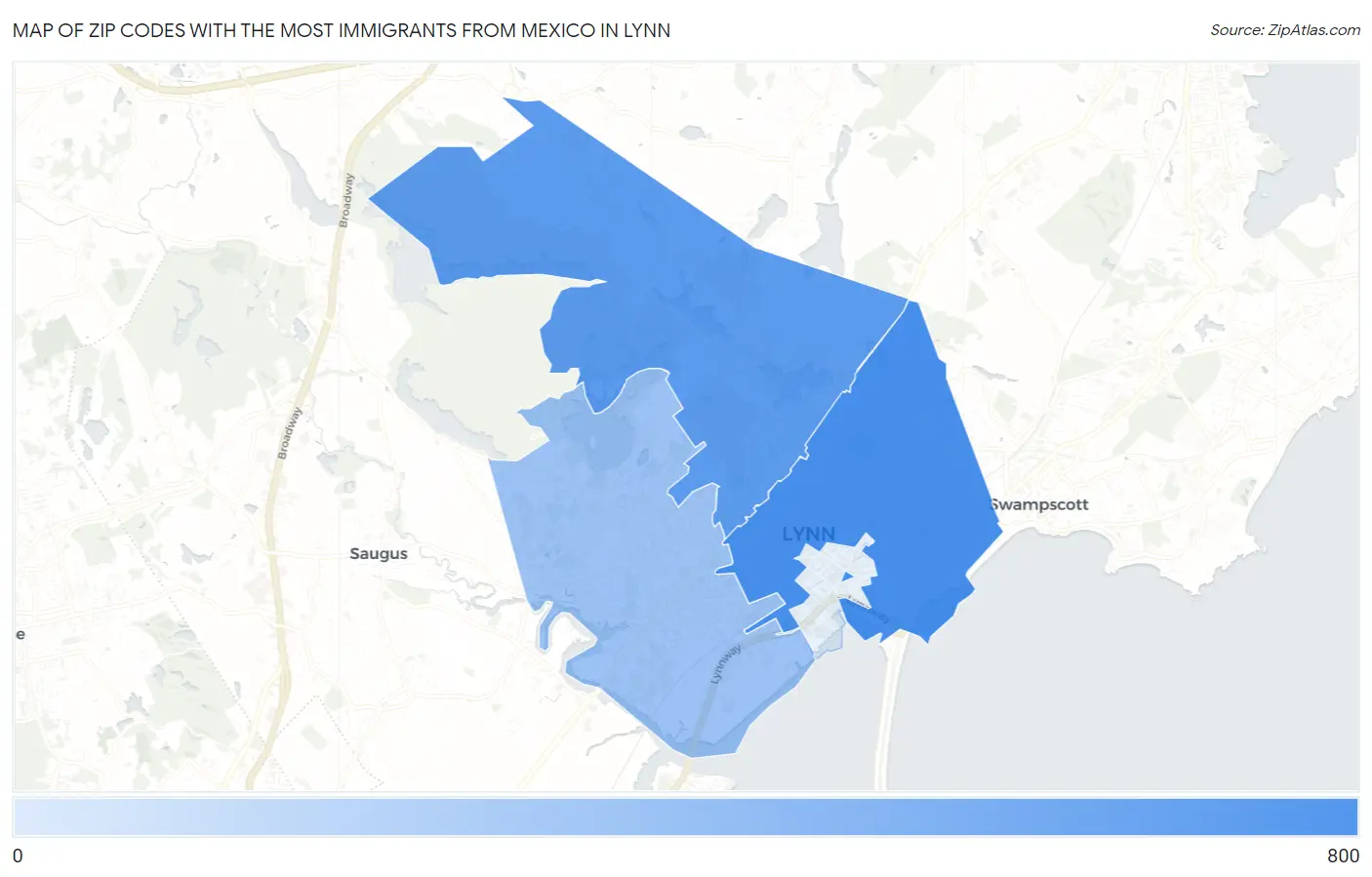 Zip Codes with the Most Immigrants from Mexico in Lynn Map