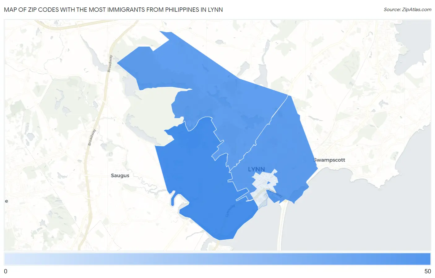 Zip Codes with the Most Immigrants from Philippines in Lynn Map