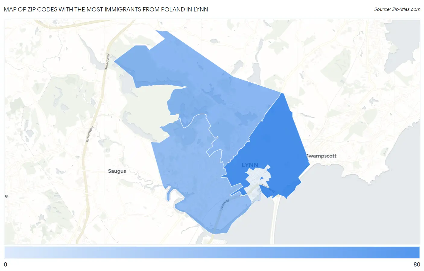 Zip Codes with the Most Immigrants from Poland in Lynn Map