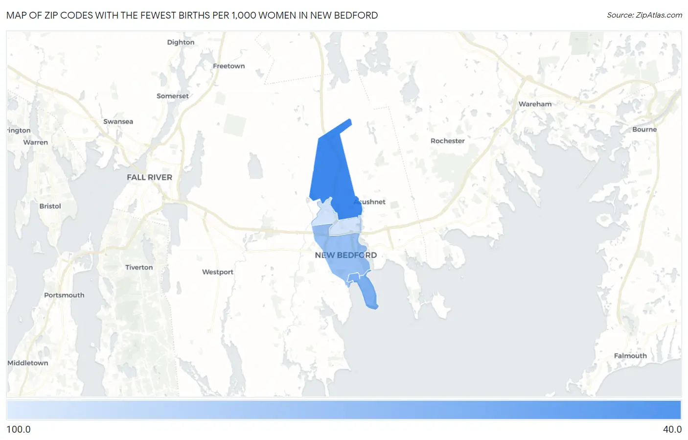 Zip Codes with the Fewest Births per 1,000 Women in New Bedford Map