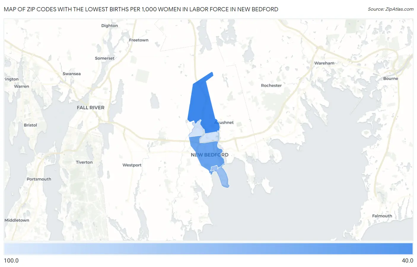 Zip Codes with the Lowest Births per 1,000 Women in Labor Force in New Bedford Map