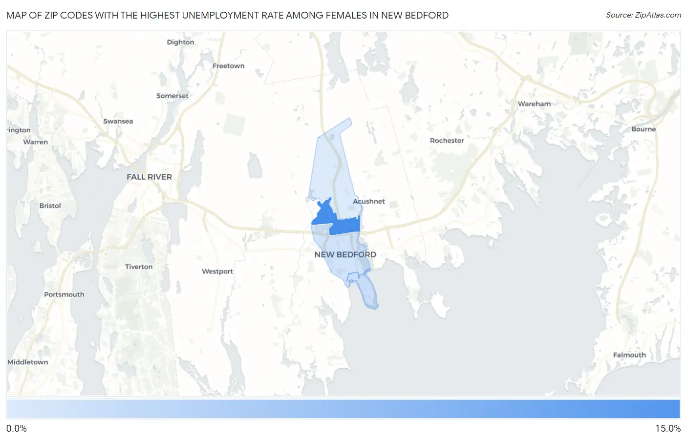 Zip Codes with the Highest Unemployment Rate Among Females in New Bedford Map