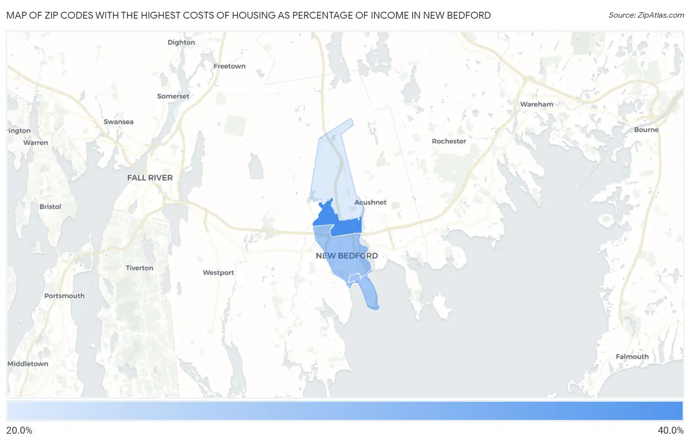 Zip Codes with the Highest Costs of Housing as Percentage of Income in New Bedford Map