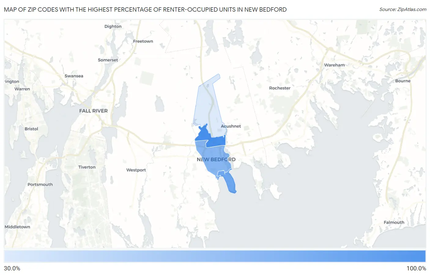 Zip Codes with the Highest Percentage of Renter-Occupied Units in New Bedford Map