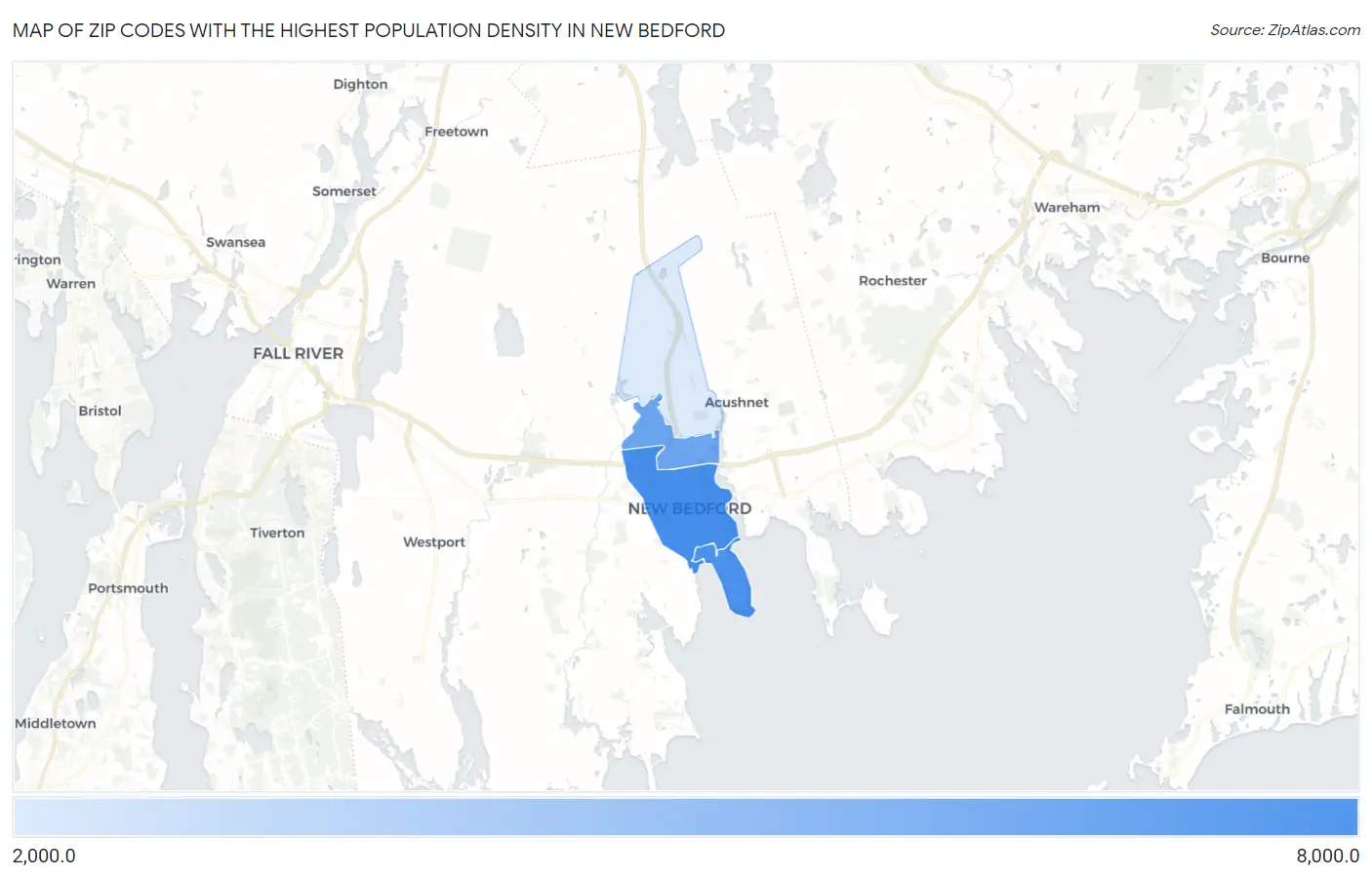 Zip Codes with the Highest Population Density in New Bedford Map