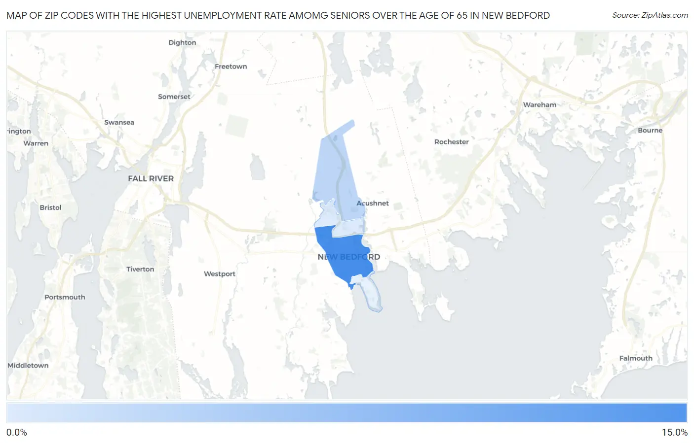 Zip Codes with the Highest Unemployment Rate Amomg Seniors Over the Age of 65 in New Bedford Map