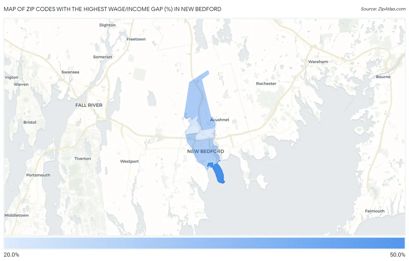 Zip Codes with the Highest Wage/Income Gap (%) in New Bedford Map