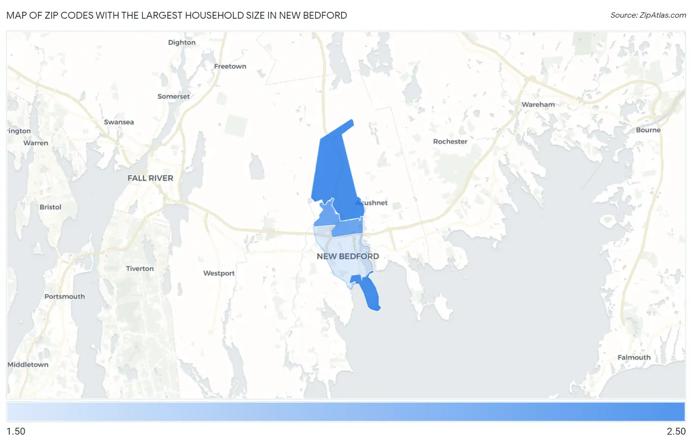 Zip Codes with the Largest Household Size in New Bedford Map