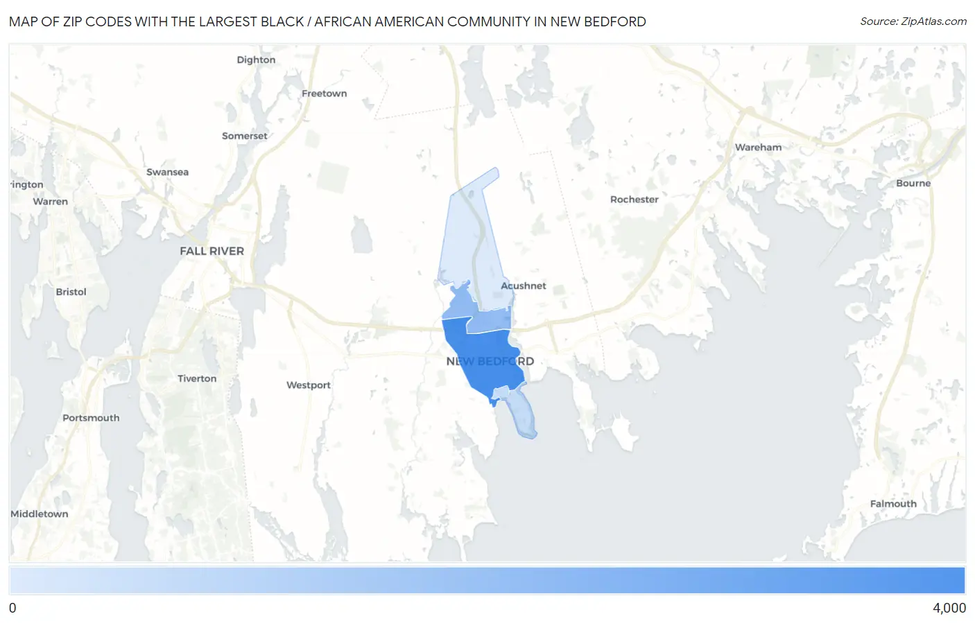 Zip Codes with the Largest Black / African American Community in New Bedford Map
