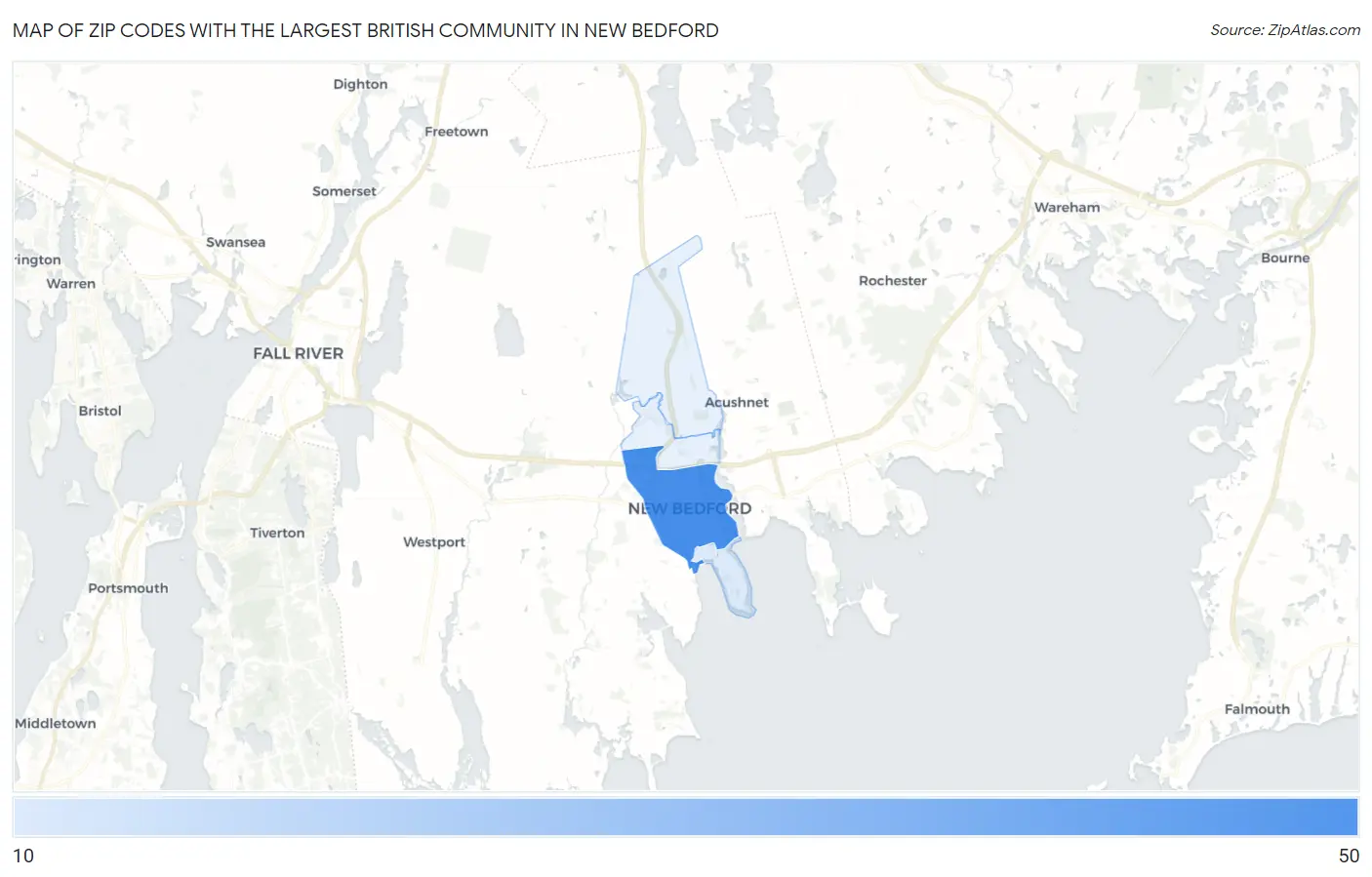 Zip Codes with the Largest British Community in New Bedford Map
