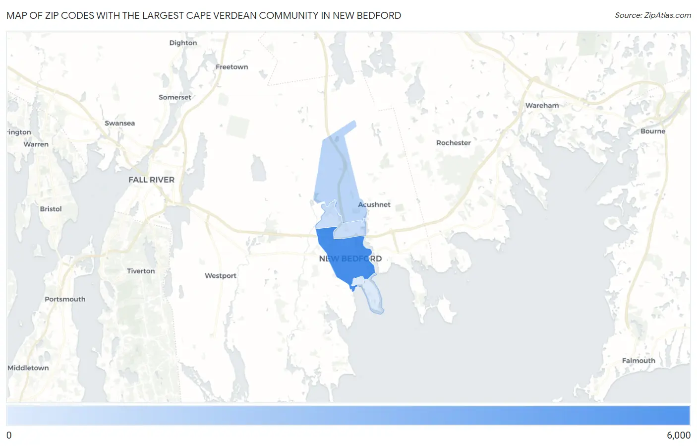 Zip Codes with the Largest Cape Verdean Community in New Bedford Map