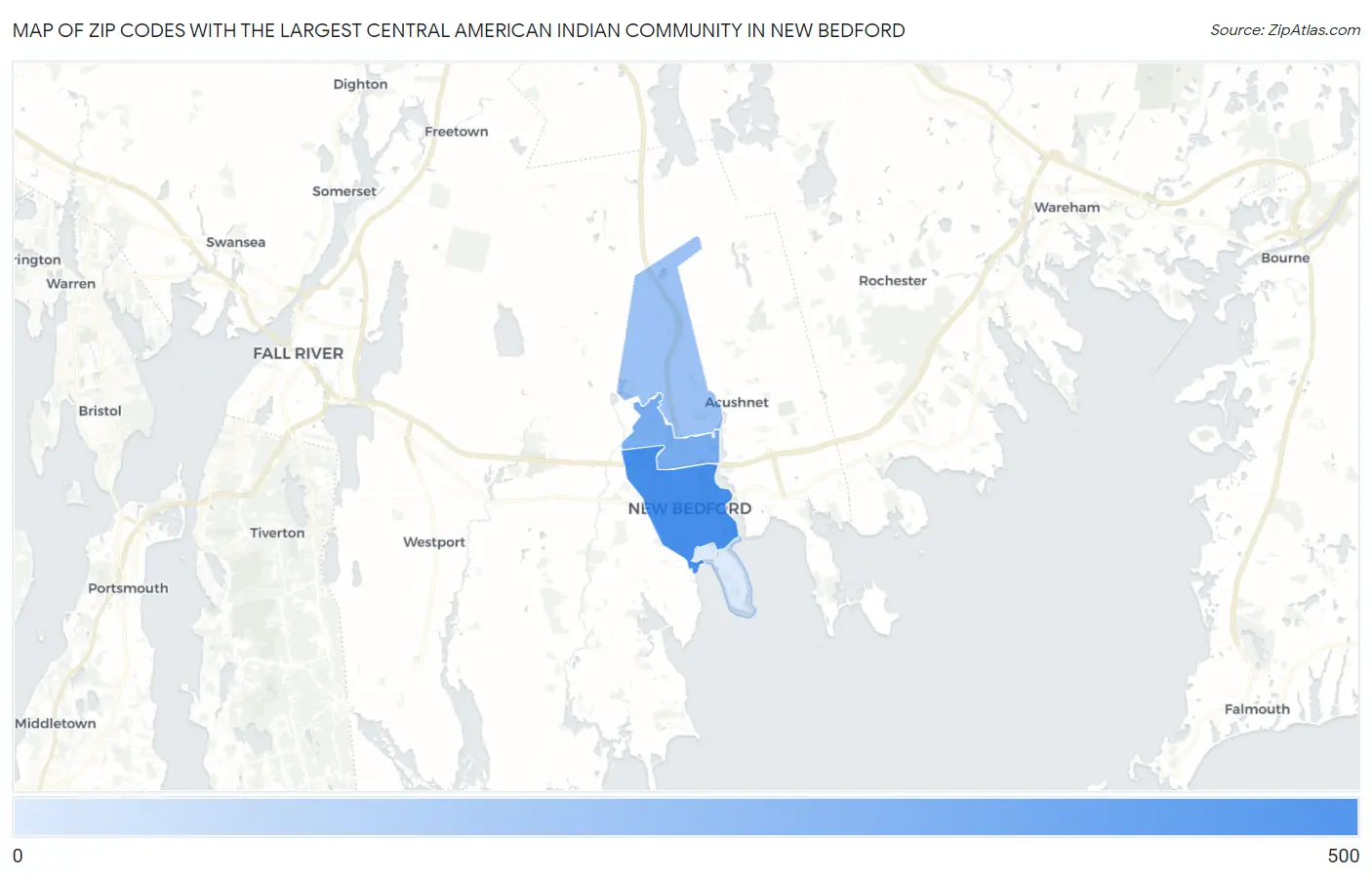 Zip Codes with the Largest Central American Indian Community in New Bedford Map