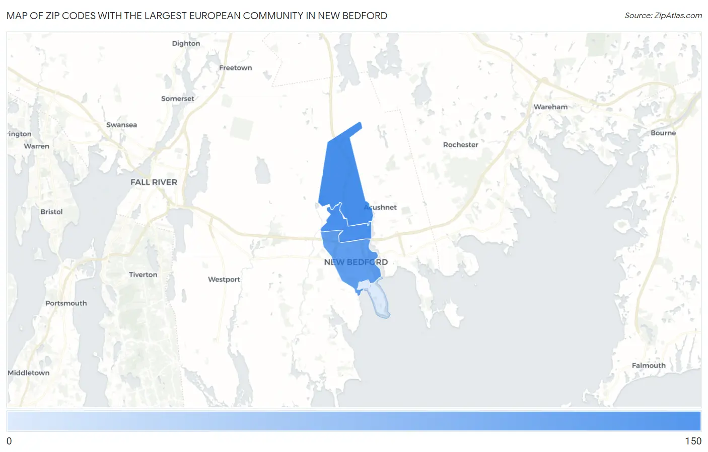 Zip Codes with the Largest European Community in New Bedford Map