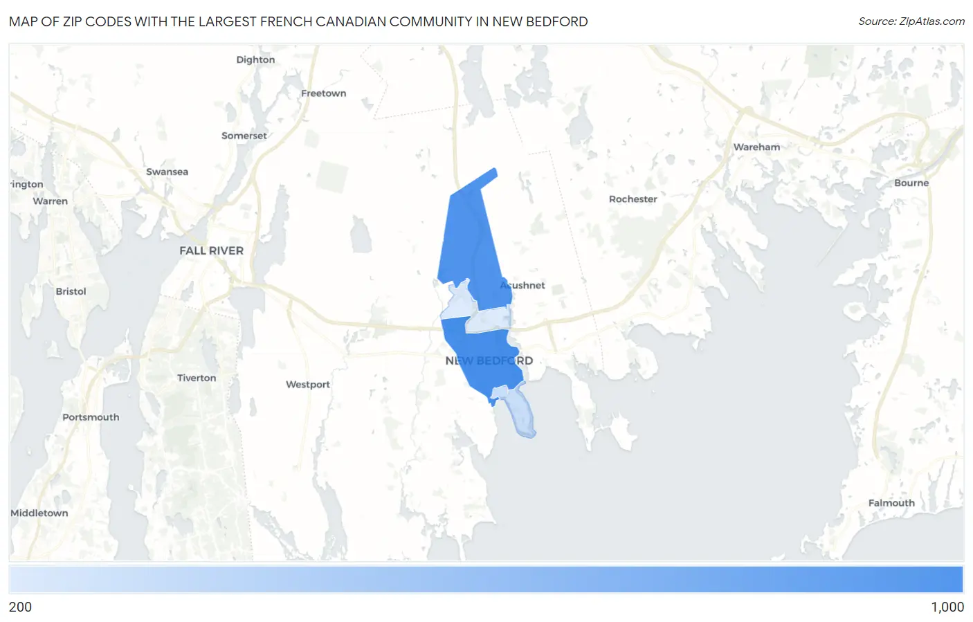 Zip Codes with the Largest French Canadian Community in New Bedford Map