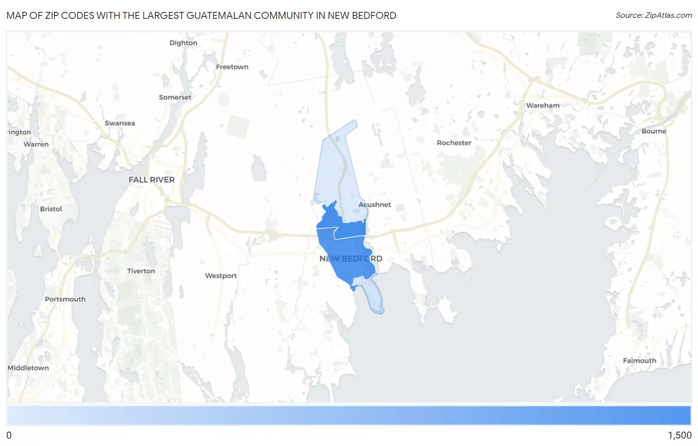 Zip Codes with the Largest Guatemalan Community in New Bedford Map