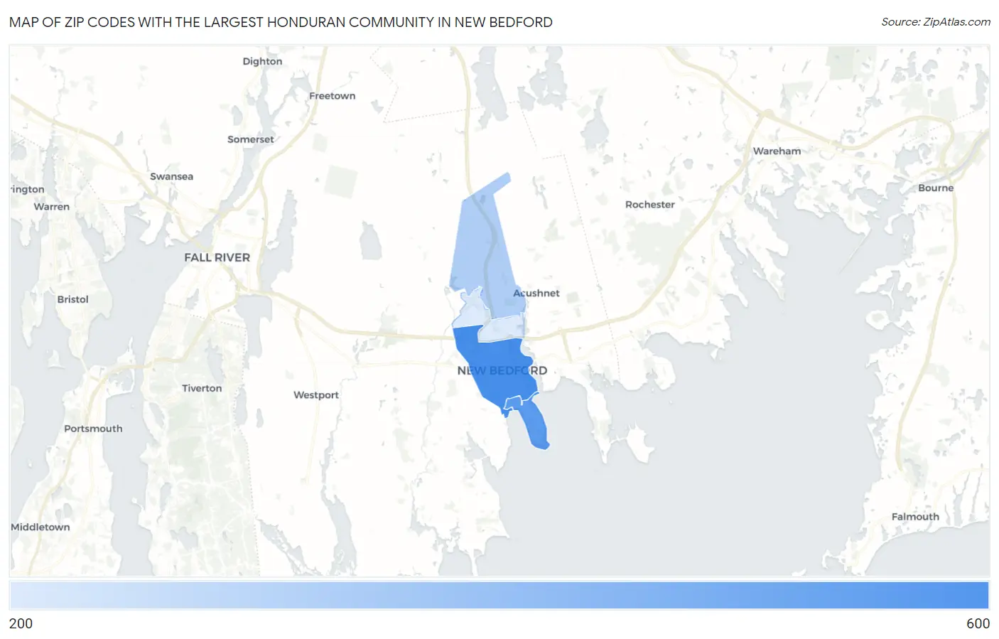 Zip Codes with the Largest Honduran Community in New Bedford Map