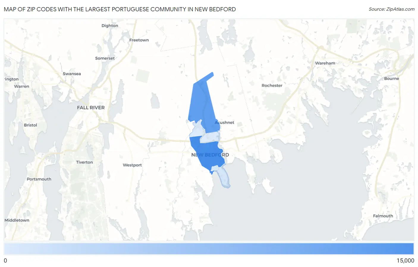 Zip Codes with the Largest Portuguese Community in New Bedford Map