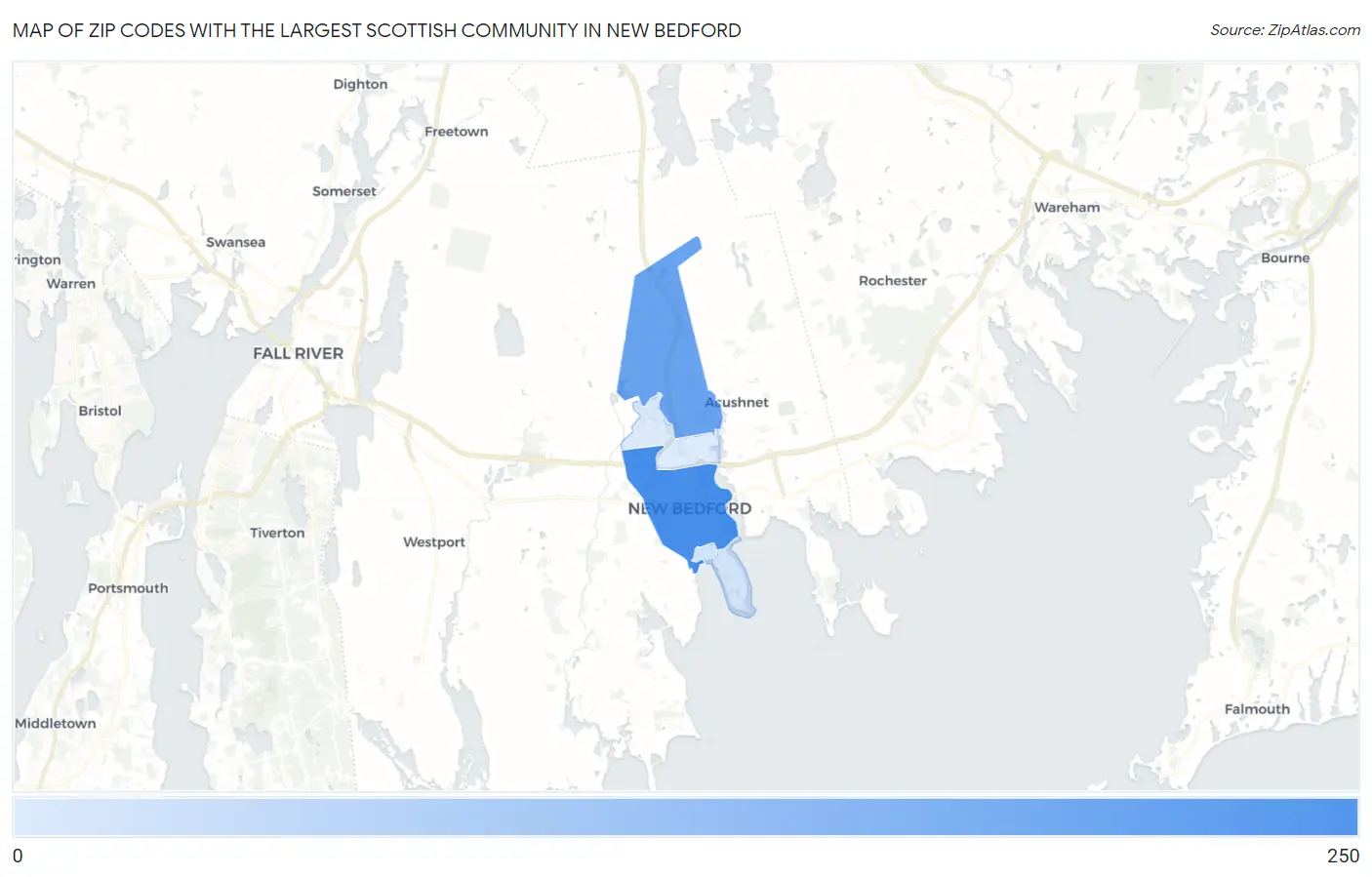 Zip Codes with the Largest Scottish Community in New Bedford Map