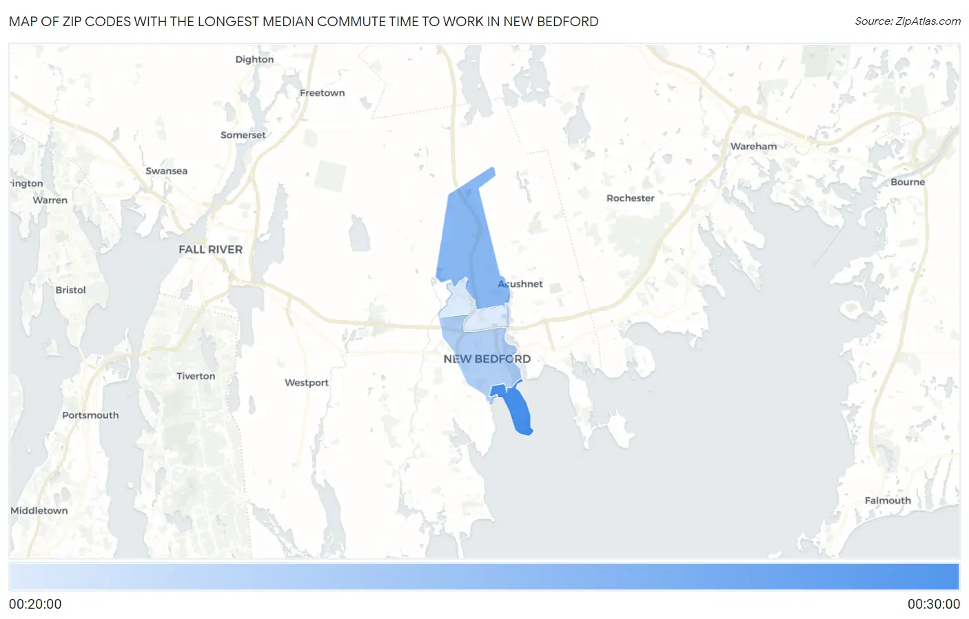 Zip Codes with the Longest Median Commute Time to Work in New Bedford Map
