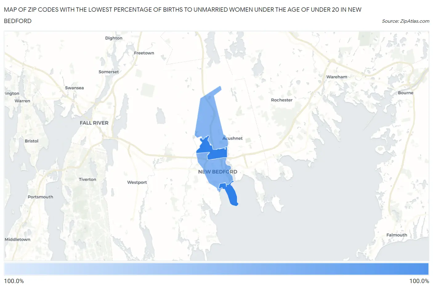 Zip Codes with the Lowest Percentage of Births to Unmarried Women under the Age of under 20 in New Bedford Map