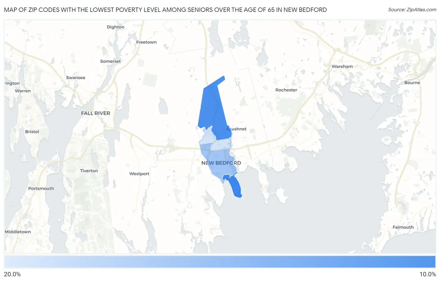 Zip Codes with the Lowest Poverty Level Among Seniors Over the Age of 65 in New Bedford Map