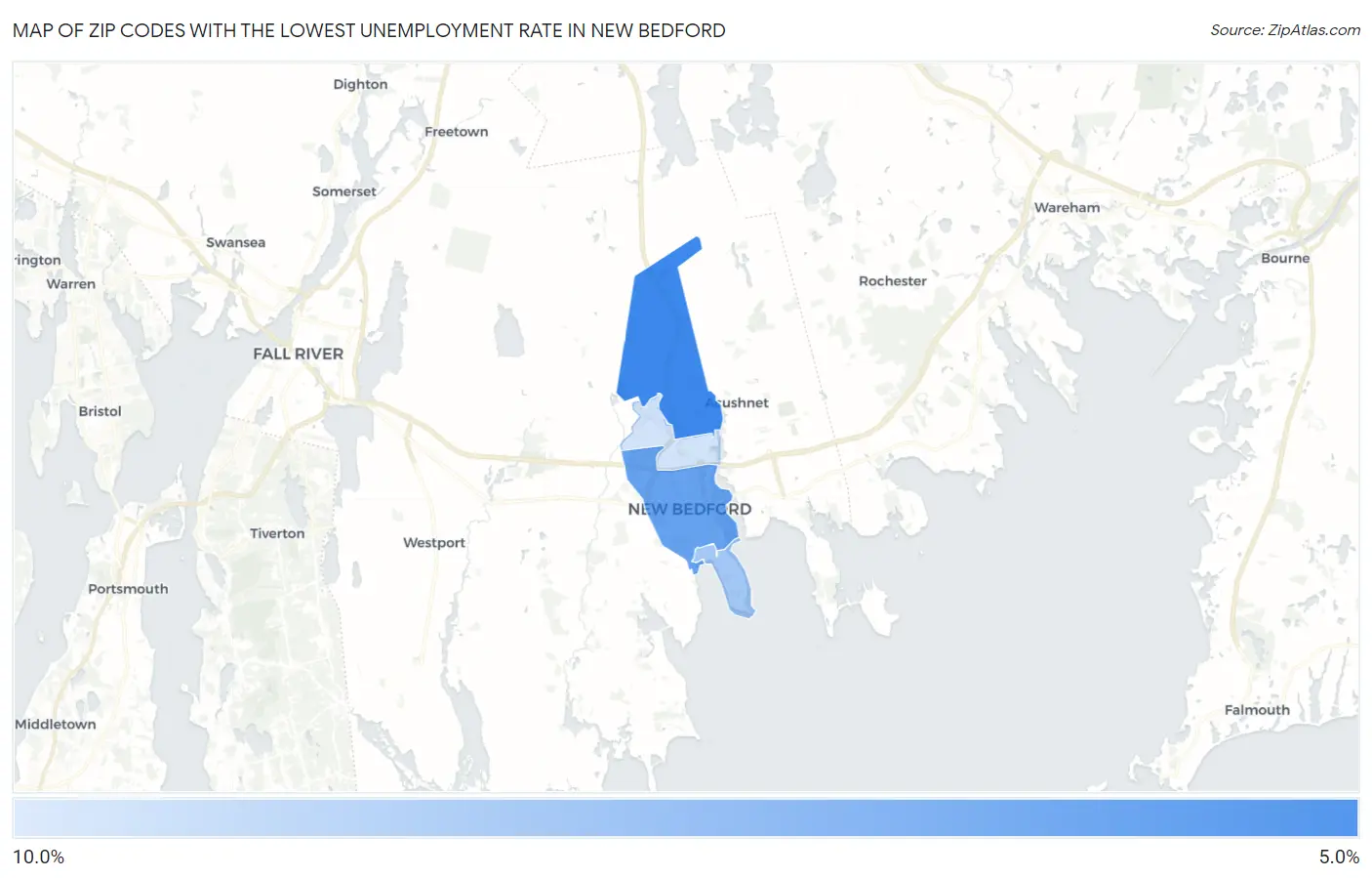 Zip Codes with the Lowest Unemployment Rate in New Bedford Map