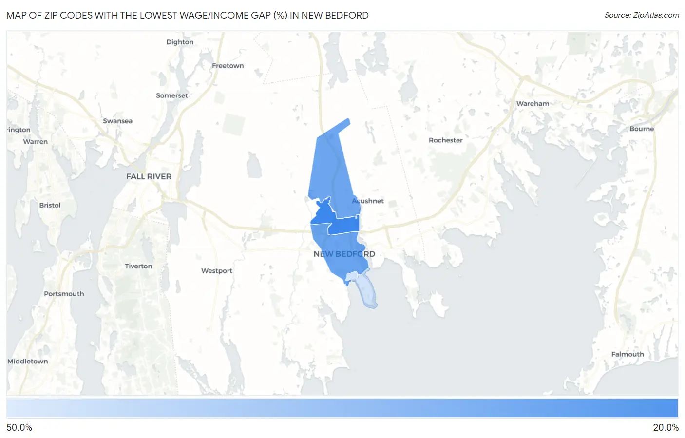 Zip Codes with the Lowest Wage/Income Gap (%) in New Bedford Map