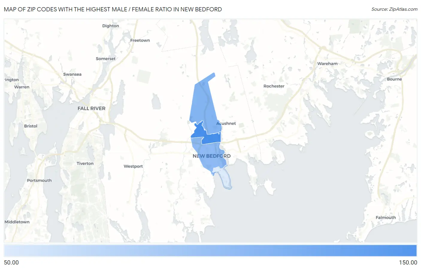 Zip Codes with the Highest Male / Female Ratio in New Bedford Map