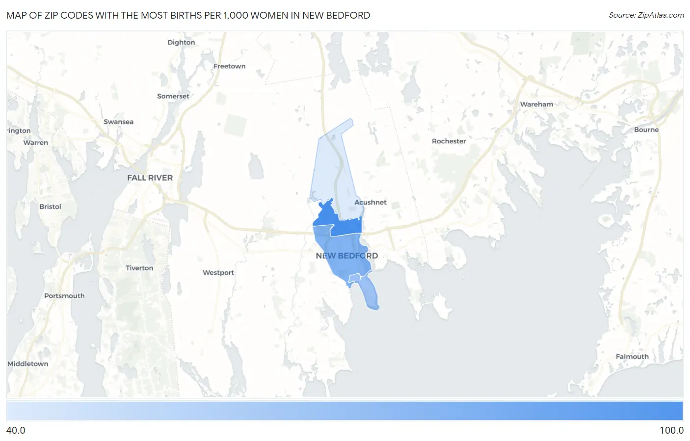 Zip Codes with the Most Births per 1,000 Women in New Bedford Map