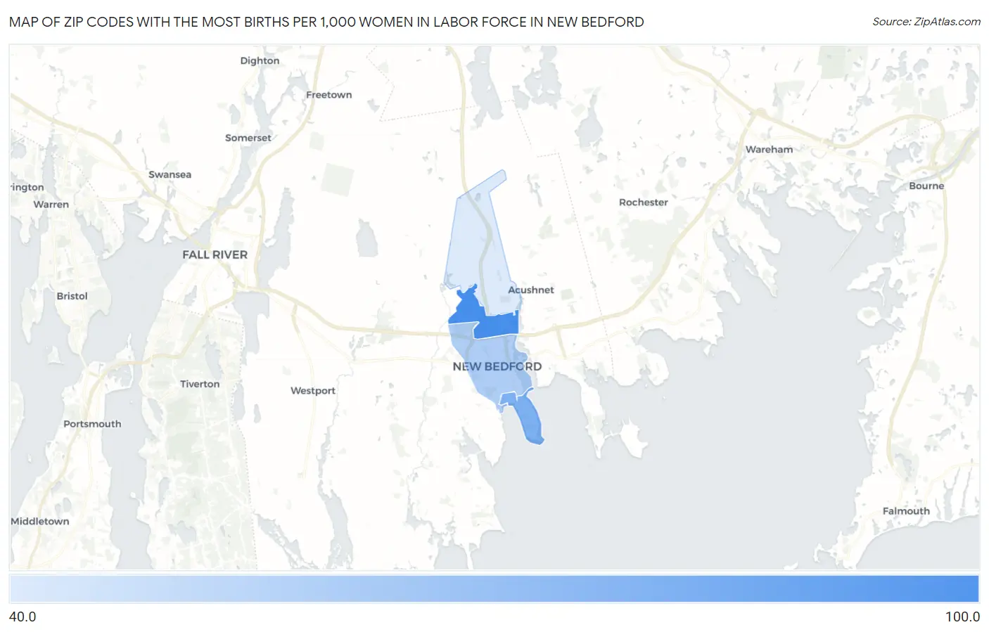 Zip Codes with the Most Births per 1,000 Women in Labor Force in New Bedford Map