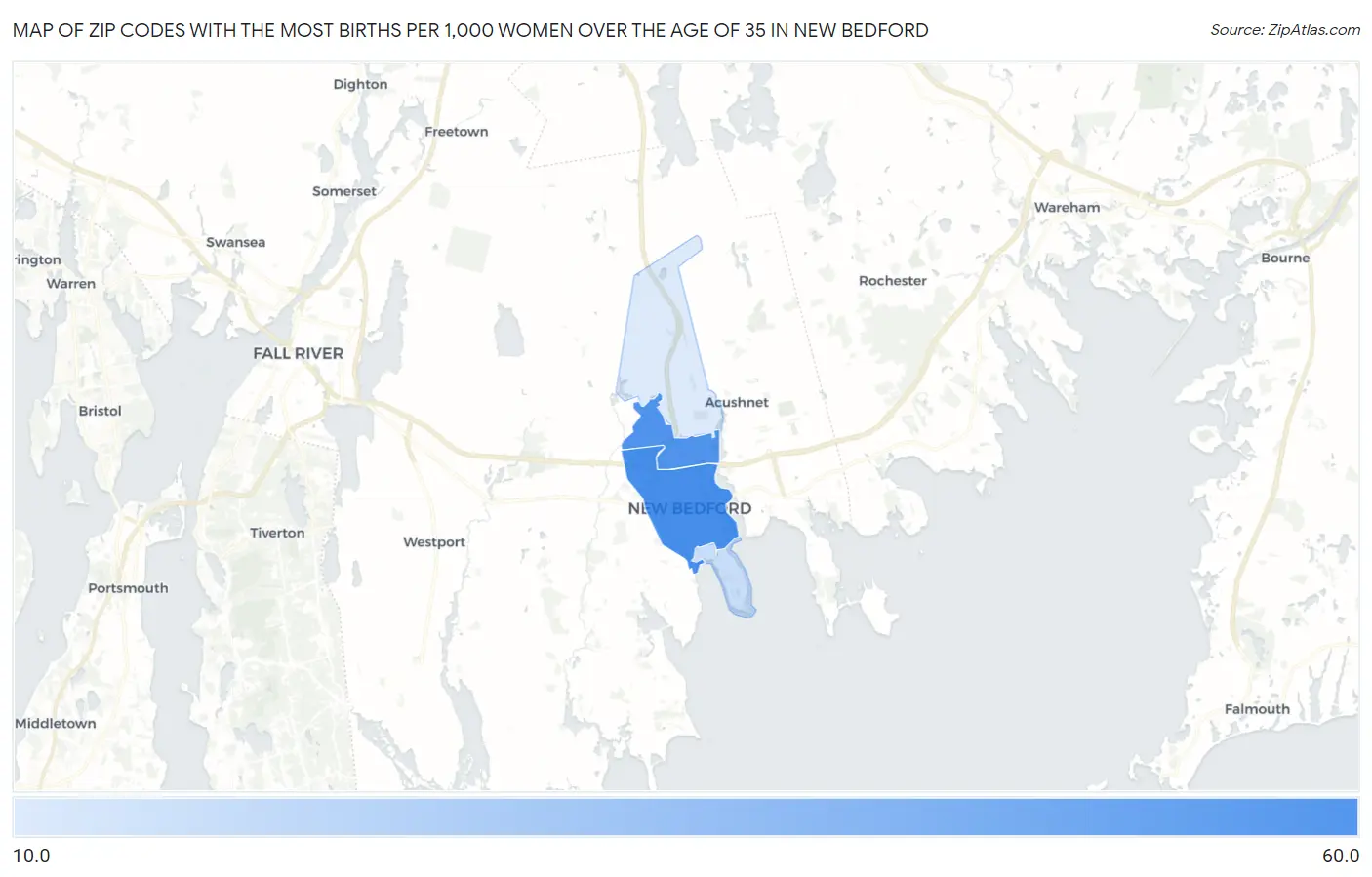 Zip Codes with the Most Births per 1,000 Women Over the Age of 35 in New Bedford Map