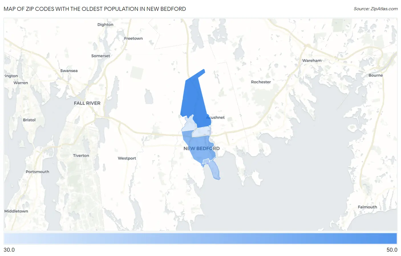Zip Codes with the Oldest Population in New Bedford Map