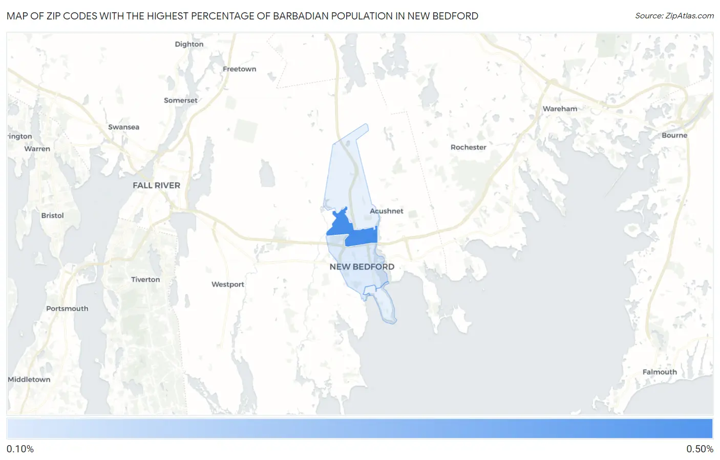 Zip Codes with the Highest Percentage of Barbadian Population in New Bedford Map