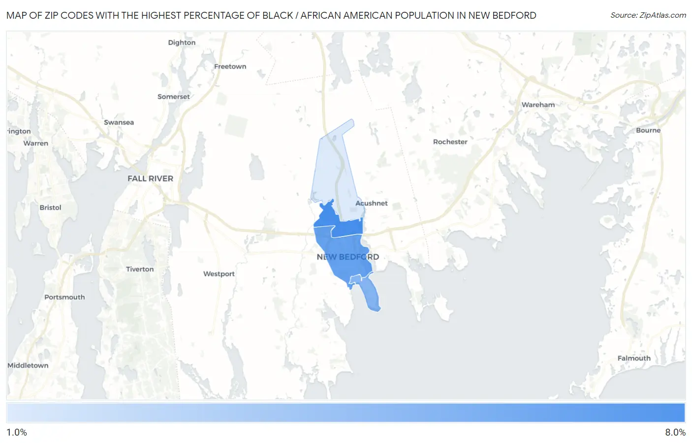 Zip Codes with the Highest Percentage of Black / African American Population in New Bedford Map