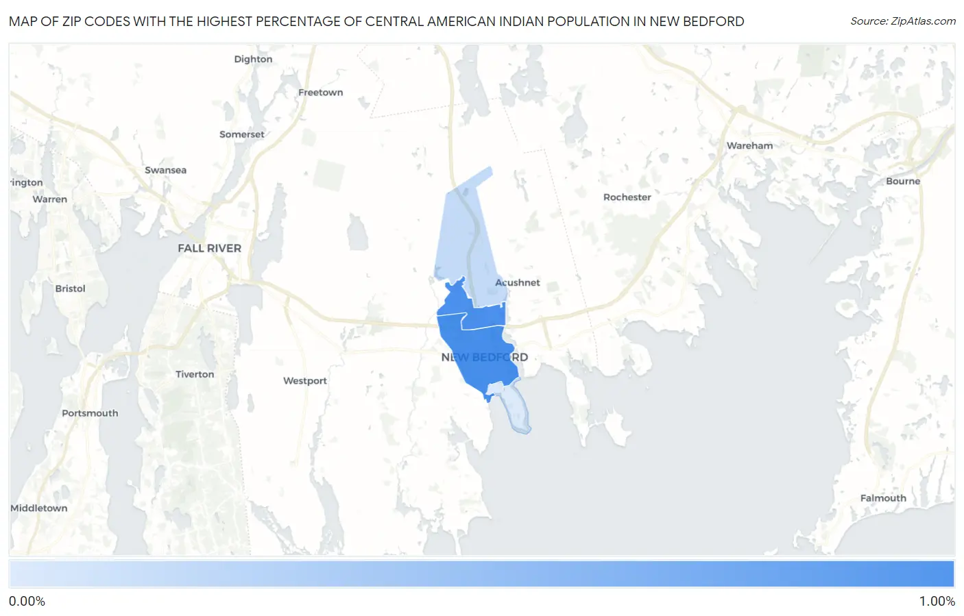 Zip Codes with the Highest Percentage of Central American Indian Population in New Bedford Map